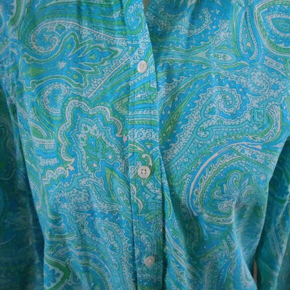 Chaps Ladies Blue Green & White Paisley Collared Button Up Long Sleeve Blouse-M - Picture 3 of 4